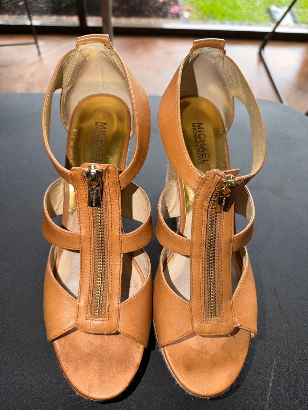 Michael Kors Tan Leather Open-Toe Zip Front Heels